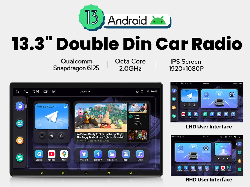 Android Car Stereo Octa Core Universal Double 2 Din 13.3" Touchscreen Head Unit - Image 3 of 4
