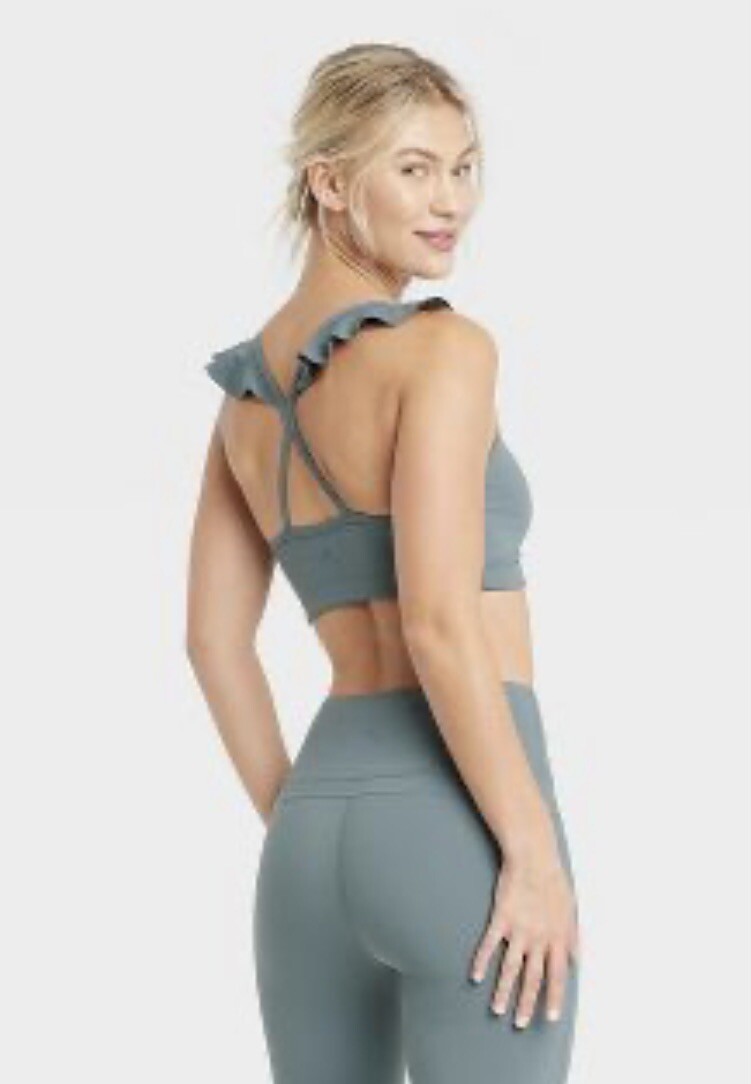 JoyLab Women's L Large Sports Bra Storm Gray Ruffle Strap Racerback