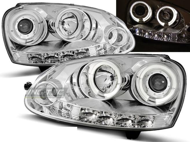 Feux angel eyes chrome pour VW Golf 5 de 2003 à 2009 en version optique double