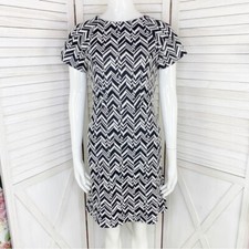 Loft Dress Womens XS Black White Chevron Stripe Fit Flare Jersey Knit Cap Sleeve