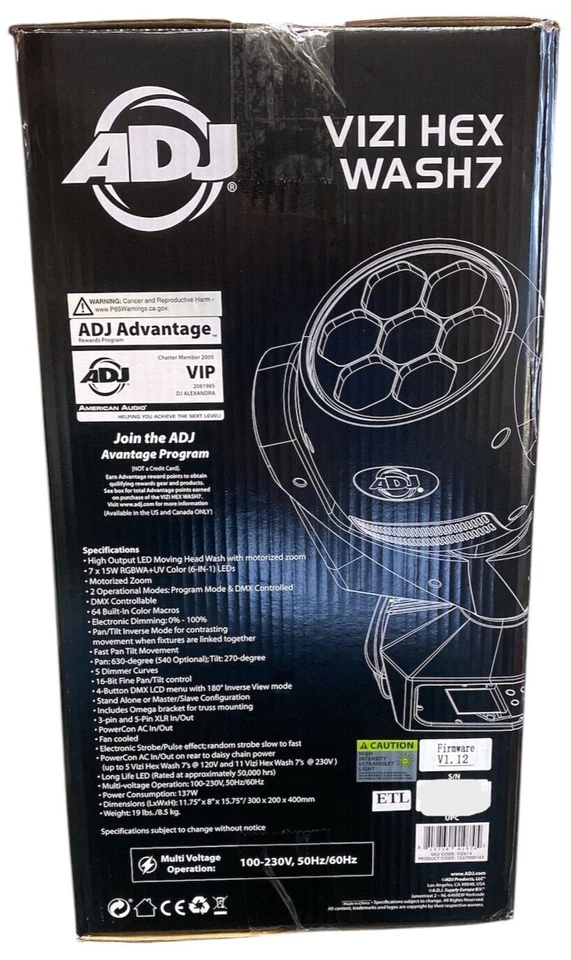 American DJ ADJ VIZI HEX WASH 7 RGBWA+UV LED Wireless DMX Moving Head Wash Light - Image 2 of 4