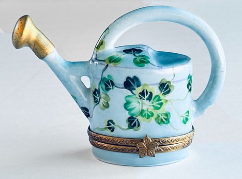 Limoges Blue Watering Can Hinged Trinket Box Wisteria Hand Painted Signed C169