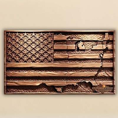 American Flag USA Map STL File for CNC Router   Patriotic Flag Map 3D Relief Wal