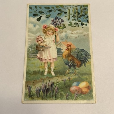 Easter Wishes Little Girl Flowers Rooster Eggs Tuck's Postcard VTG