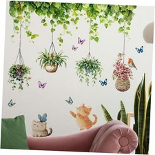 iMagitek Hanging Plants Wall Decals, Garden Butterfly with Cat Bird Wall