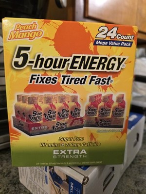 5 Hour Energy Shot Peach Mango Extra Strength 24 Ct Box 1.93 oz Bottles NIB 9/27
