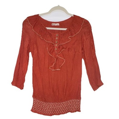 Edge... Design by Mine Rust Ruffle Button Blouse Round Neck 3/4 Sleeve Best S/M