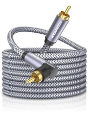 90 Degree Subwoofer Cable, 20ft/6M, Right Angle RCA, Male to Male, Grey
