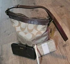 COACH Light Brown Sateen C's Logo Convertible Duffle Crossbody Bag & Wallets Lot