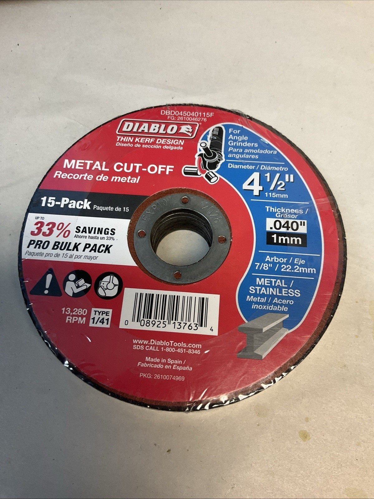 DIABLO 15 4-1/2" X .040" THIN KERF METAL/STAINLESS ANGLE GRINDER CUT-OFF WHEELS