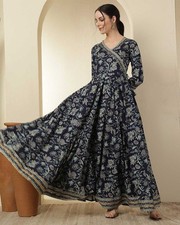 Indian Women Rayon Navy Blue Floral Printed Flared Kurta Kurti Long Dress