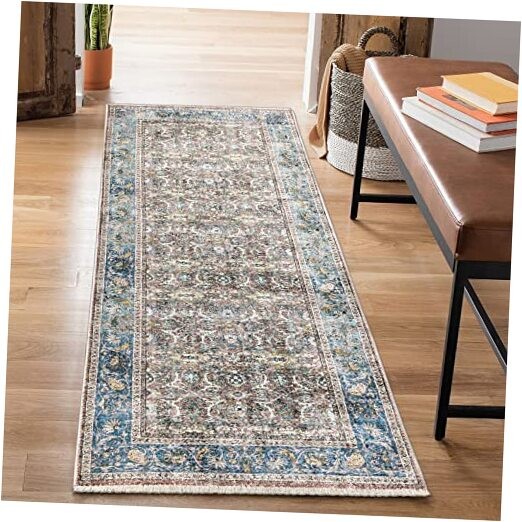 Caria Washable Non-Slip 10 ft Runner - Blue/Red Brown Traditional Runner for