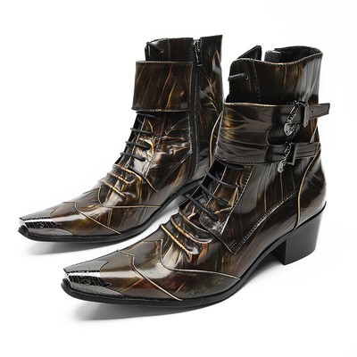 Buckle Pointed Toe Mens Pleated Heel Ankle Boots Real Leather Motorcycle Lace Up