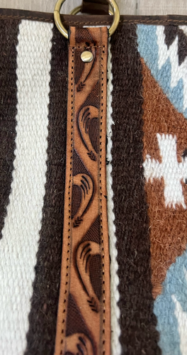 ARIAT TOOLED WOOL BLANKET DISTRESSED LEATHER WESTERN AZTEC PRINT TOTE BAG BOHO - Picture 16 of 18