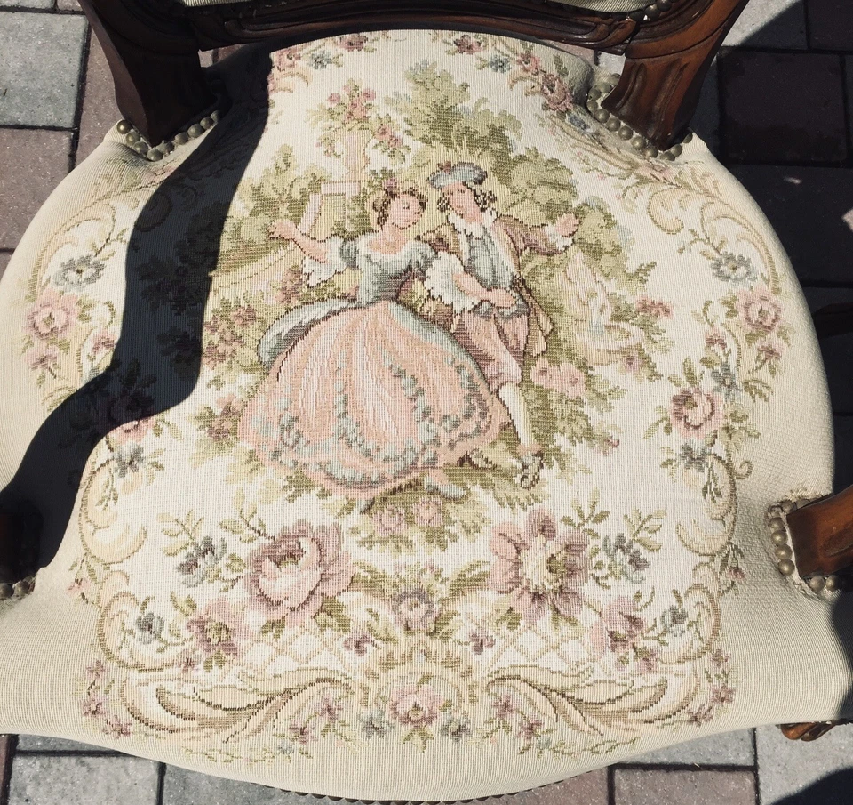 Silla tapiz floral francesa vintage Luis XV Chateau Dax hecha en Italia PAR Foto 4 de 4