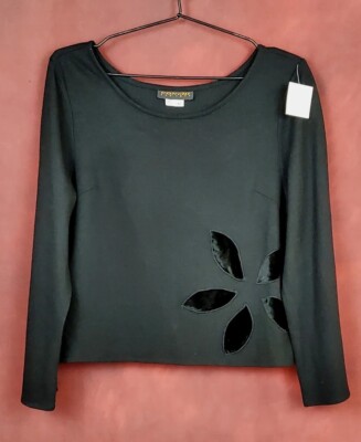 Conchi Sweater M 100% Wool Casual Black with Floral Applique 3/4 Sleeve Crop NWT