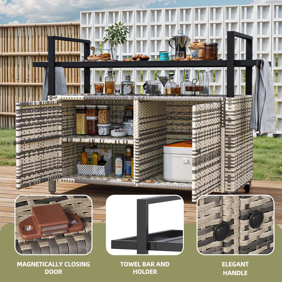 Outdoor Portable Rattan Wicker Storage Bar Cabinet Glass Tabletop w/ Wheels - Image 3 of 4