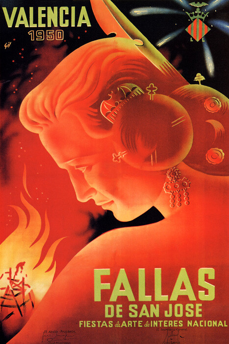 1950 VALENCIA ESPAÑA FALLAS FIESTAS SAN JOSE VIAJES ESPAÑOLES CARTEL VINTAGE REPRO