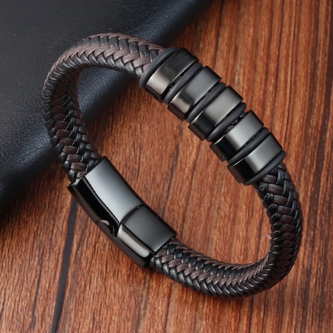 Men's Leather Wrap Braided Bracelet Bangle Titanium Steel Magnetic