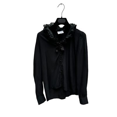 Courreges Vintage Black Silk Ruffled Collar Shirt Size A fits S