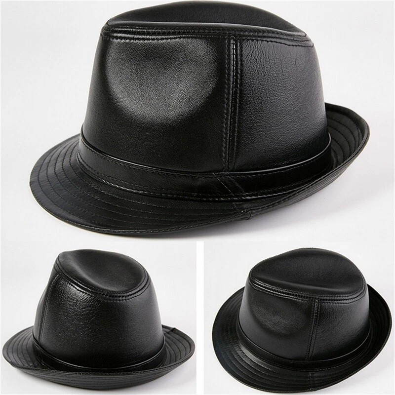 LO ÚLTIMO Para hombres Clásico Trilby Sombrero Cuero Genuino Fedora Sombrero De Colección Marrón/Negro Foto 3 de 4