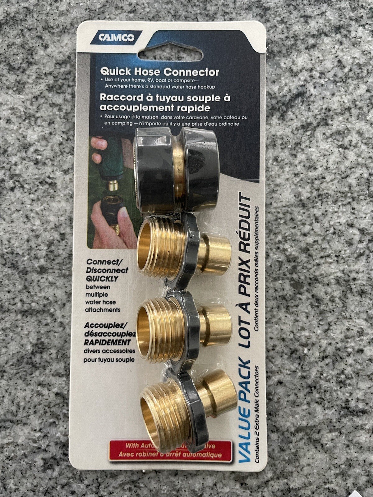 Camco Brass Quick Hose Connector w/ Auto Shut-Off Valve #20136