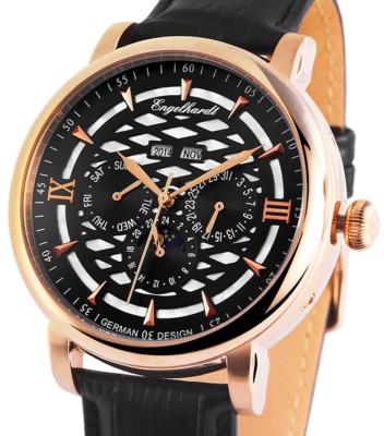 Automatik Herren Armbanduhr Schwarz/Rosegold Lederarmband ENGELHARDT 269 UVP