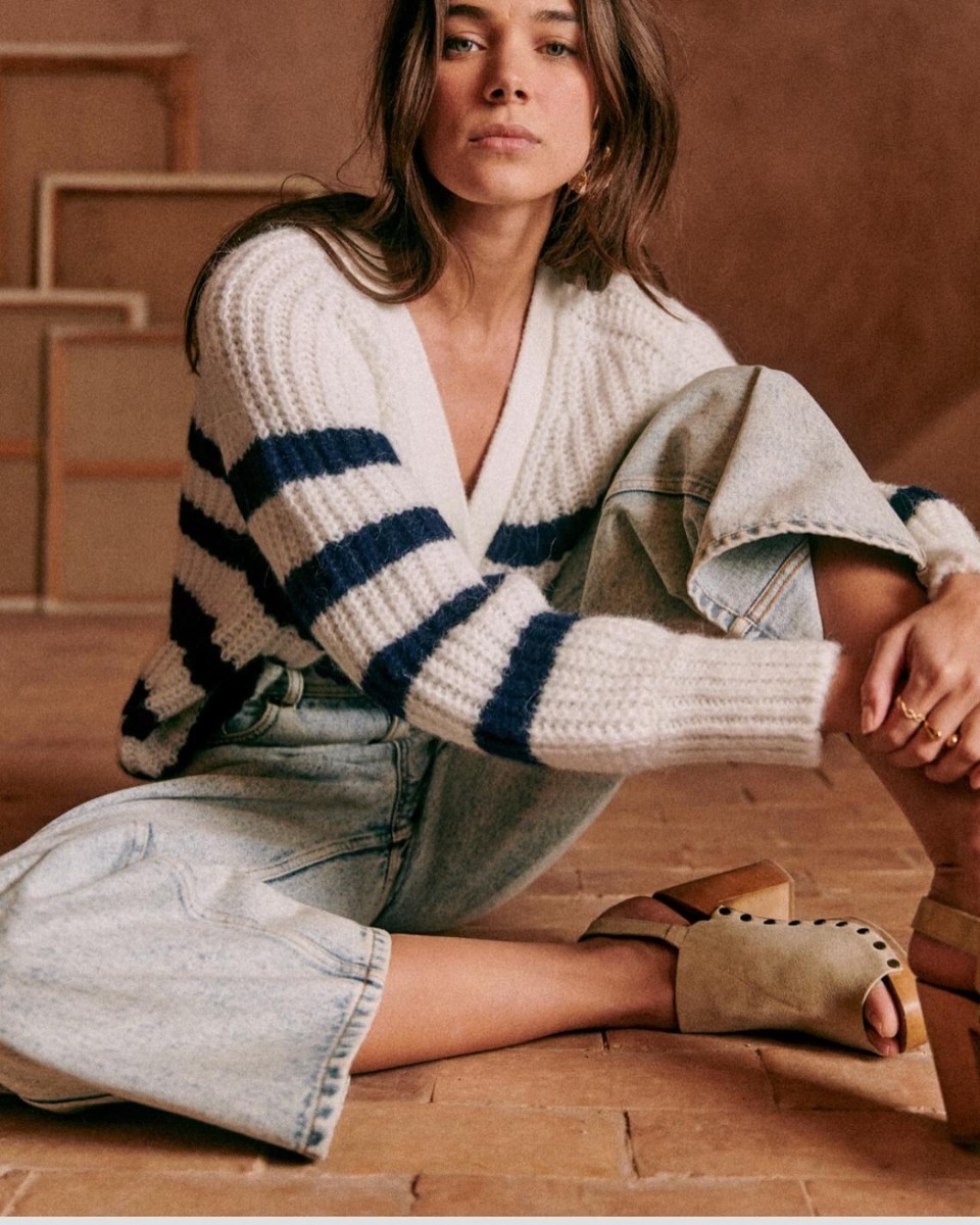 NWT Sezane Basile in Ecru Marine Stripe Alpaca Wool Blend Cardigan