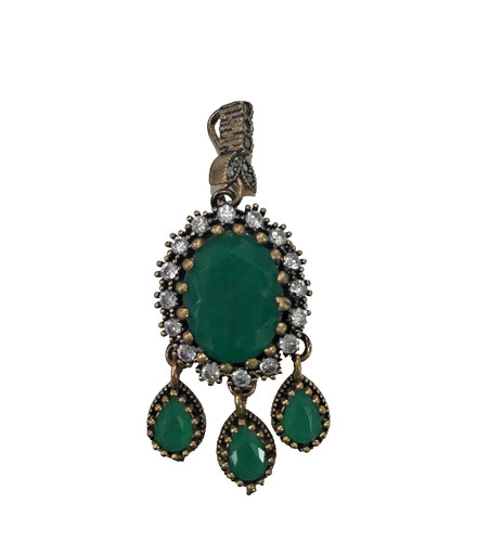 Sterling Silver & copper Pendant, Emerald color stones & Diamond cut white Topaz