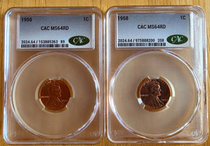 Lot of 2   1958  CAC MS64RD Lincoln Wheat Cent "Green CAC"