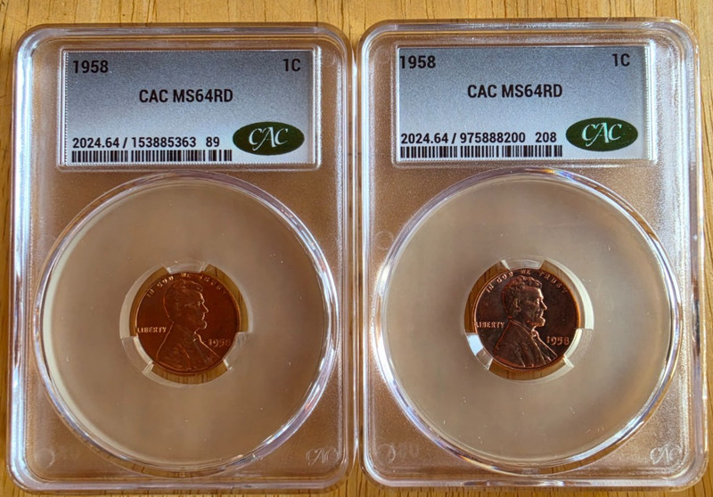 Lot of 2   1958  CAC MS64RD Lincoln Wheat Cent "Green CAC"
