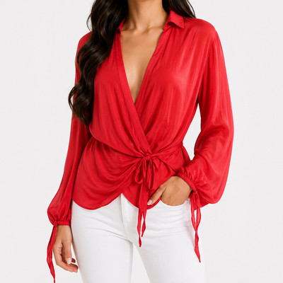 Bluse Rot 38 M Le Salon Des Femmes Damen Leicht Tunika Wickel Oberteil Np149 Neu