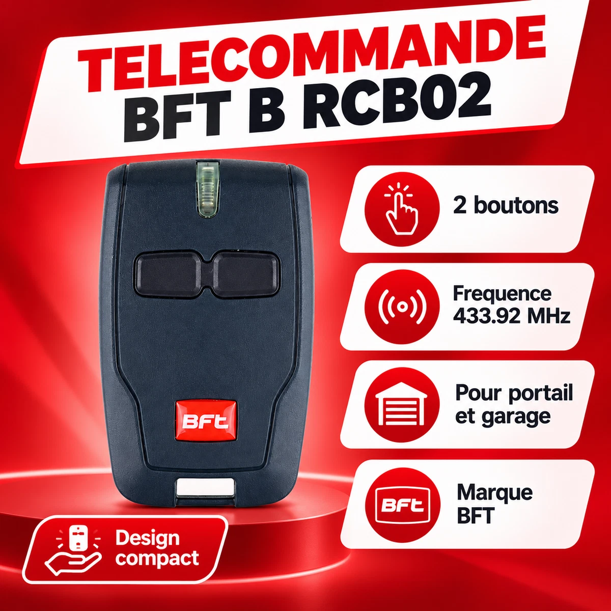 Lot de 2 Télécommandes BFT B RCB02 2 Boutons 433,92 MHz Portail Garage