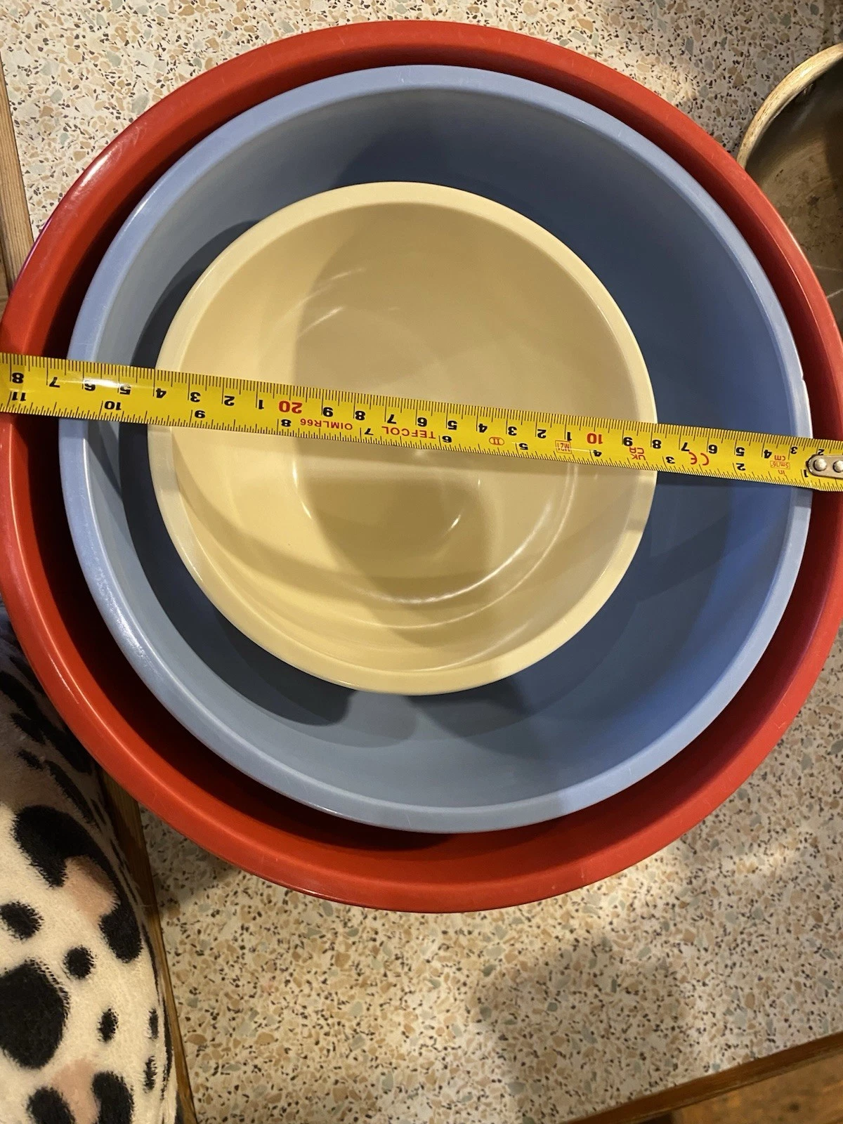 Vintage 1970s USA Melamine Nesting Mixing Bowl Set Red Blue Cream Retro Kitchen