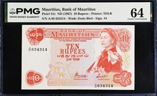 Mauritius 10 Rupees ND (1967) QEII Pick-31c CH UNC PMG 64
