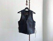 Vintage 90s Black PLG Strong Biker Leather Snap Front Vest Size XS