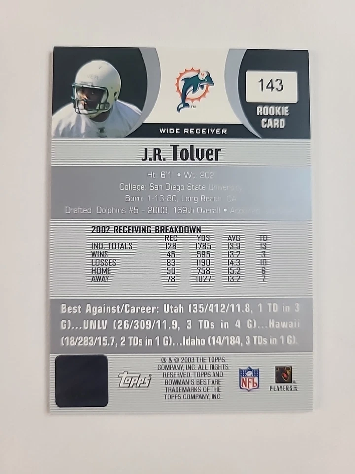 2003 Bowman's Best #143 J.R. Tolver AUTO RC San Diego St Aztecs Miami Dolphins - Image 2 of 4