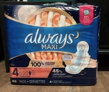 Damskie Always MAXI Pads ze skrzydłami Overnight 48 Pack Rozmiar 4 Otwarte Nigdy nie używane