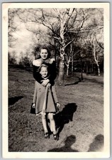 Vtg B&W Snapshot Woman Girl Hugging Winter Fur Collar Coat Trees Park Outdoor