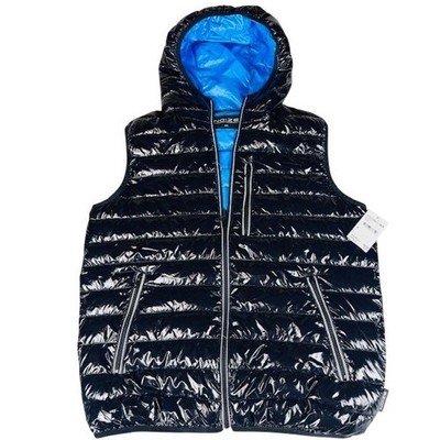 NWT Noize Mens Small Glossy Black Puffer Vest Hooded Blue Lining New With Tags