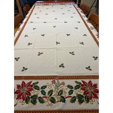 Christmas Poinsettia Holly Tablecloth White Red Green Holiday Dining 58 x100