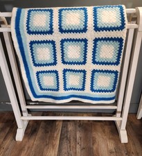 Handmade Wool Granny Square Afghan Throw Blanket Blue White Vintage Lap Baby