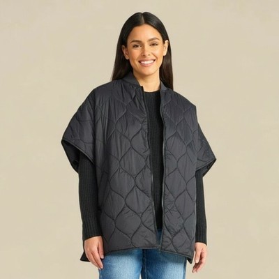 Time and Tru Quilted Puffer Jacket Cape Poncho Black Short Sleeve Zip S/M Onion