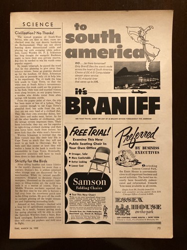 1950's Time Magazine 1/3l page ad - BRANIFF INTERNATIONAL AIRWAYS - Rio