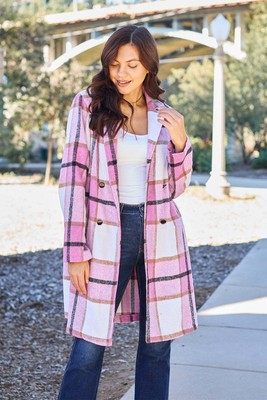 Women's Double Take Full Size Plaid Button Up Lapel Collar Coat