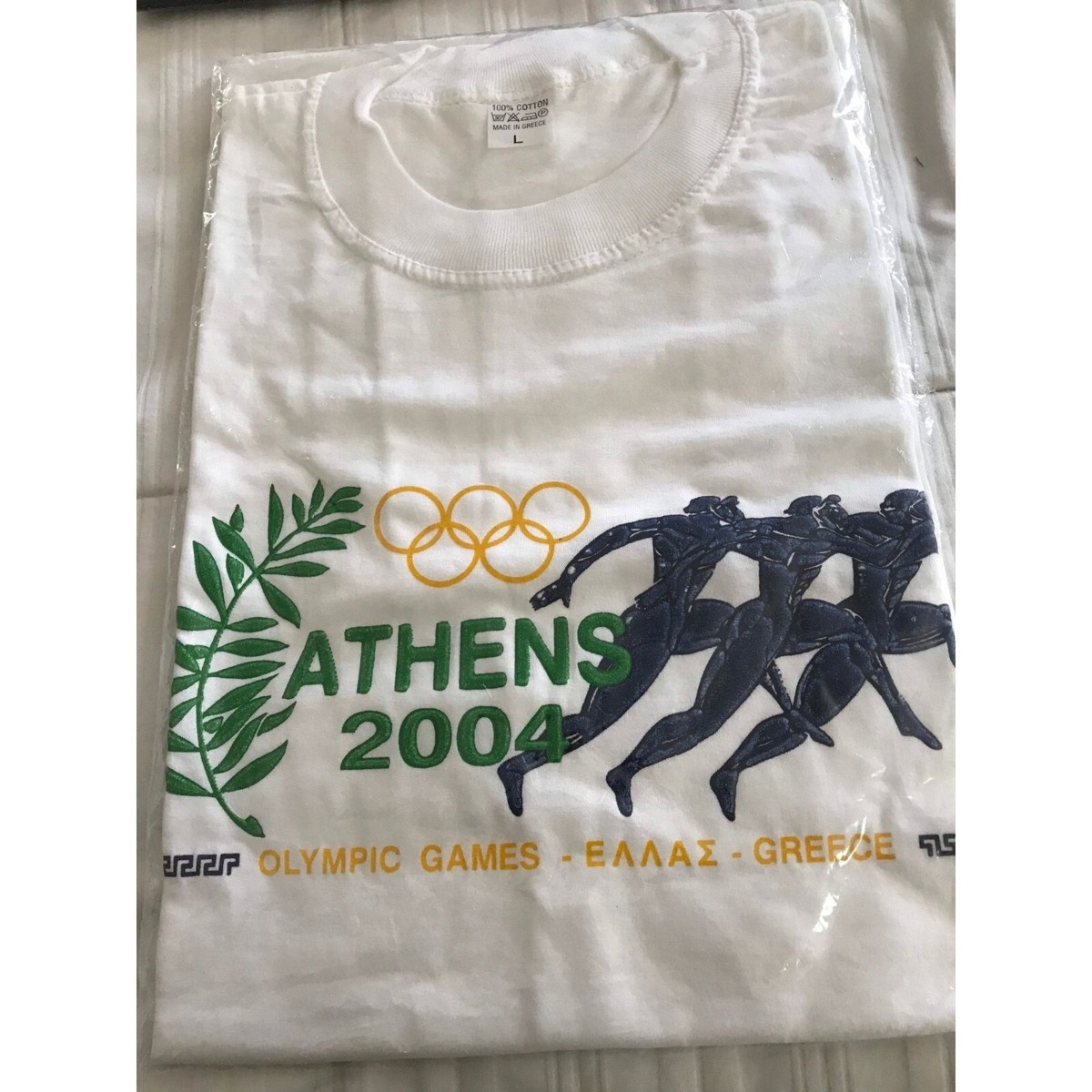2004 Athens Olympic Games T-Shirt White Blue Green Heavily