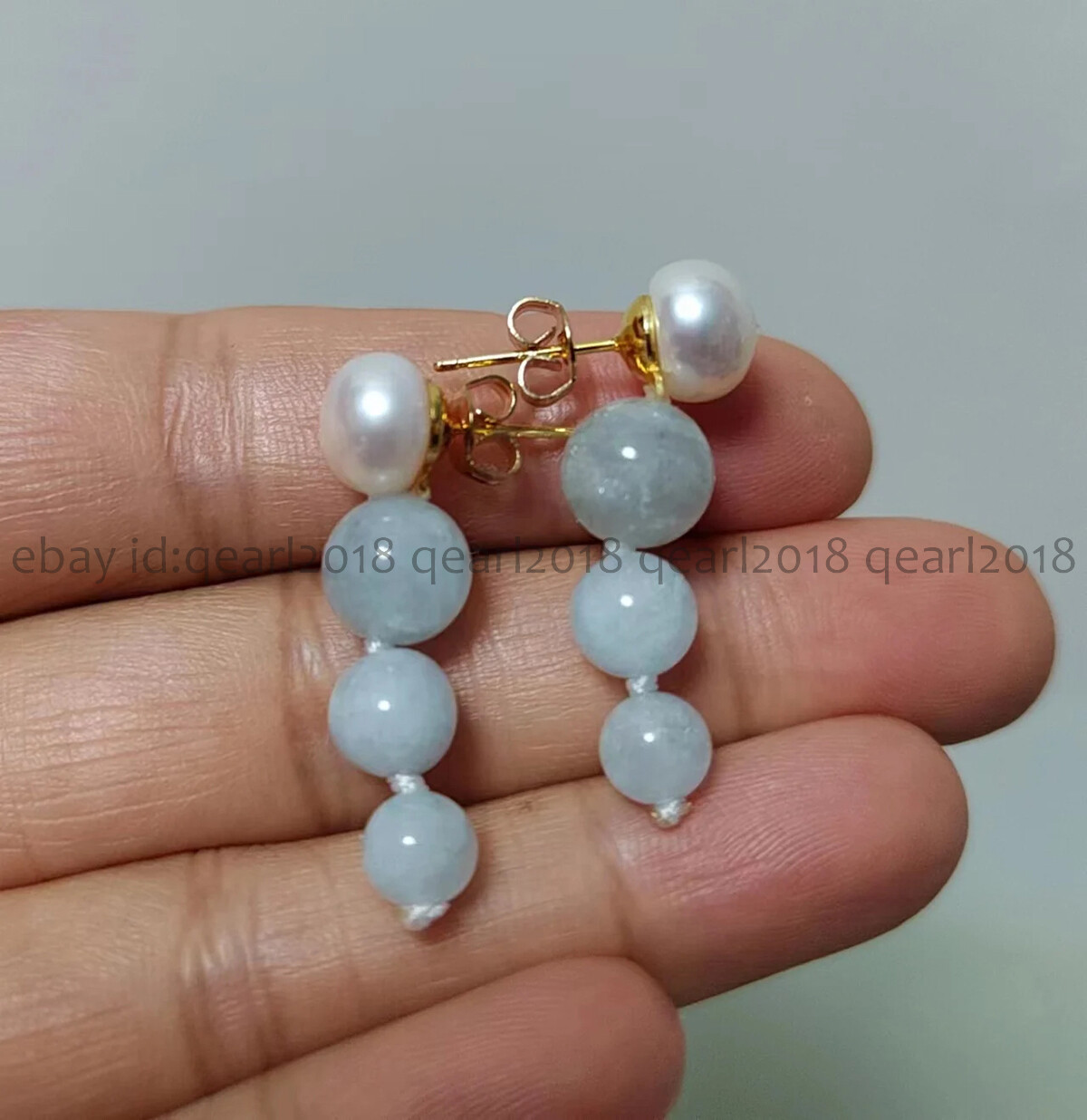 Natural White Freshwater Pearl Blue Aquamarine Beaded Dangle Gold Stud Earrings