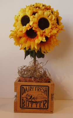 Handmade Sunflower Topiary in Ceramic Pot Inside of a Wooden Box with Moss