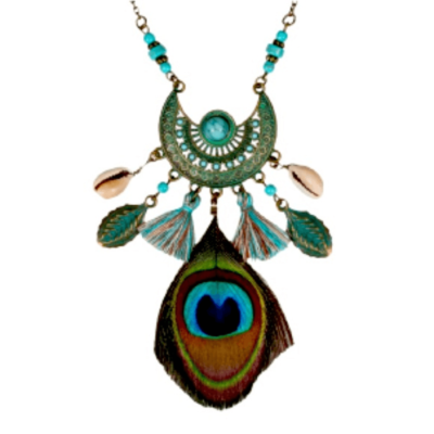 Boho Hippie Long Necklace, Peacock Feather, Shell, Tassel, Turquoise