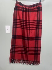 Vtg 60s 70s Woolrich long red  black plaid wool skirt w fringe, size 10 Vintage